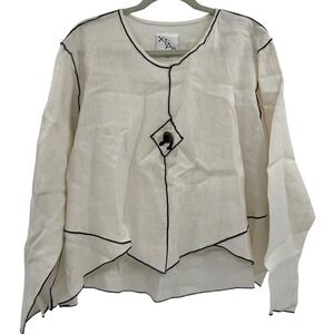 Xiao Linen Blouse XL White Black Contrast Stitch Handkerchief Hem Lagenlook USA